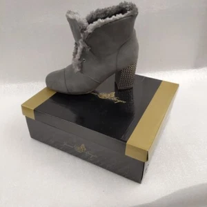 Joan Boyce Rhinestone Heal Grey Faux Fur Lined Winter Boot Faux Suede US 8.5 - Picture 1 of 17