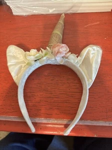 White With Gold +Horn And Flowers Unicorn Halloween Headband Cat Ear - Picture 1 of 5