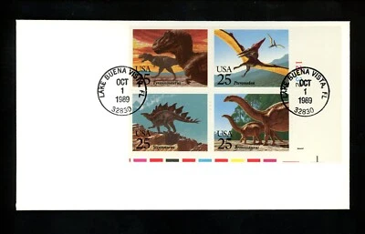 US FDC #2422-2425 NONE USPS Bulls Eye 1989 FL Dinosaurs HC Plate Block PB - Image 1 of 2