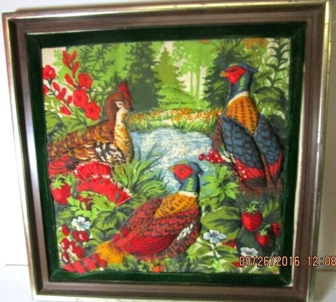 QUILTED RING NECK PHEASANT 3-D FABRIC PICTURE IN WOOD FRAME 13 1/4" X 13 1/4" Cover
