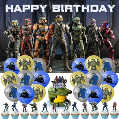 Halo Party Supplies Birthday Decorations Set Balloons Cake Toppers Banner Boys - Image 1 of 4