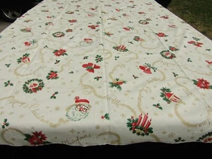Plastic Christmas Tablecloth Vintage Santa Ornaments Candles Bells Print TC145 - Picture 1 of 12