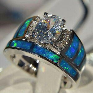 2pcs/set Charm 925 Silver Plated Ring Cubic Zircon Women Wedding Jewelry Sz 5-10