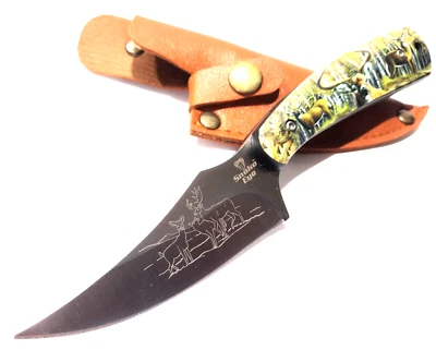 buck Deer Scene Artwork Sharpfinger Hunting Skinning Knife + Thin Leather Sheath - Image 1 of 4