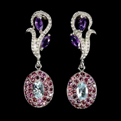 Pendientes de plata de ley 925 ovalados aguamarina amatista piedras preciosas naturales joyería Foto 1 de 4