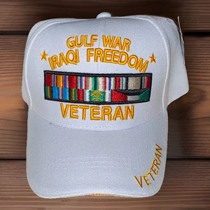Gulf War-Iraqi Freedom Veteran Embroidered White Strapback Hat NWT Military USA - Picture 1 of 2