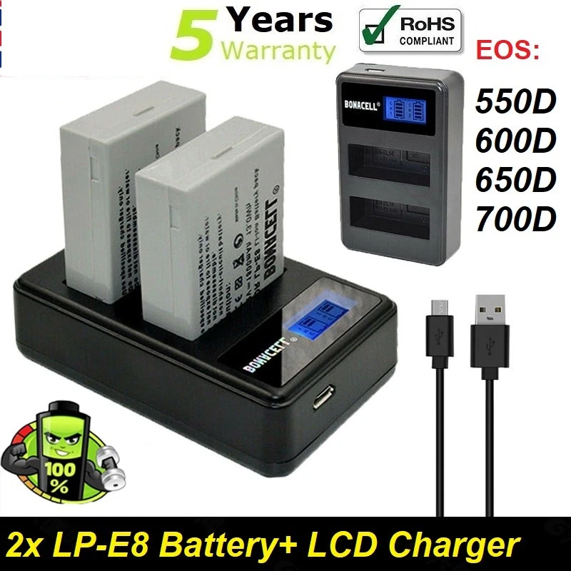 BONACELL 2x 1800mAh Akku Für Canon LP-E8 EOS 550D 600D T2i T3i Batterie + Ladegerät Set