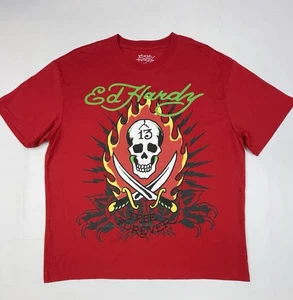 Ed Hardy Tattoo Flame Skull Lucky 13 Tee Rot T-Shirt Herren XL - Bild 1 von 7