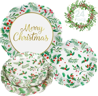 24 peças conjunto de pratos de papel Feliz Natal - pratos de Natal redondos descartáveis, furo - Imagem 1 de 4