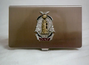 STAINLESS STEEL WITH PEWTER GOLF CREST BUSINESS CARD HOLDER - Picture 1 of 4