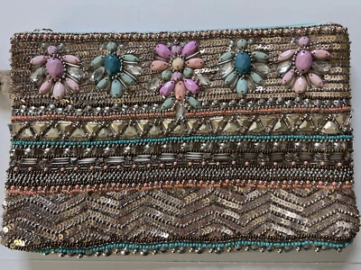 Charlie Paige Embellished Wristlet w/ Strap Sequins Beaded Clutch Pink Turqoise - Image 1 of 4