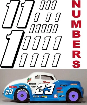 WHITE w/Black (#1's) Racing Numbers Decal Sticker Sheet 1/8-1/10-1/12  RC Models - Image 1 of 4