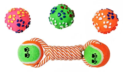 4 Pack Small Squeaky Dog Toys Bouncy Paw Ball Double Ball Rope Fetch Play Lot - Image 1 of 4