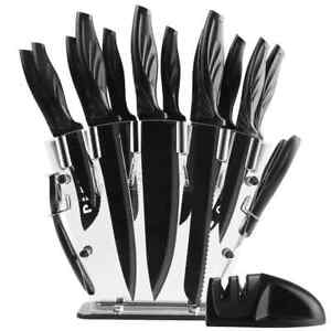 Knife Set with Block,Sharpener,Acrylic Stand 17 PCS Black High Carbon Stainless