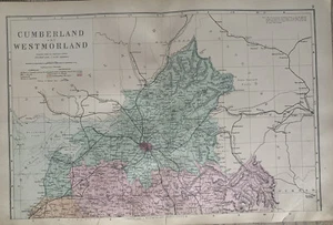 1883 North Cumberland & Westmorland Hand Coloured County Map by G.W. Bacon - Picture 1 of 3
