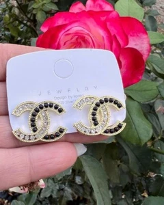  RHINESTONE STUD EARRINGS, Gold Finish - Picture 1 of 4