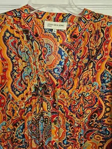Jones New York Sport Large Peasant Button Up Red Orange Blue Paisley Pleaded - Picture 1 of 8
