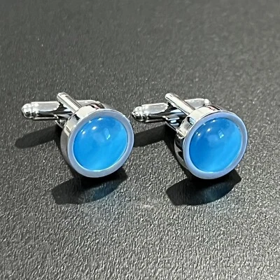 Gemelos redondos de piedra azul cúpula para hombre cumpleaños boda regalo gemelos en caja Foto 1 de 4