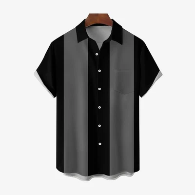 Mens Retro 50s Style Black Gray Classic Bowling Shirt Short Sleeve Shirt 2307100 - Imagem 1 de 2