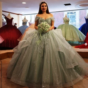 Salbei Quinceanera Kleider Schulterfrei Blumen Applikationen Süß 16 Ballkleid - Bild 1 von 9