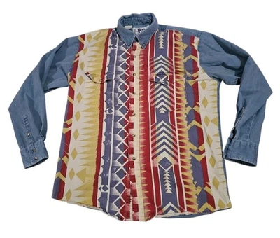 Vintage Roper Rodeo Blue Shirt Aztec Western Button Up Denim Shirt Mens L - Image 1 of 4