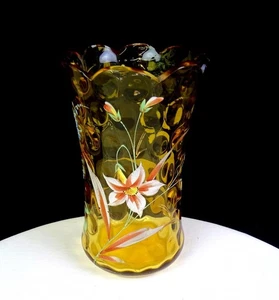 Victorian Art Glass Coin Dot Hand Painted Flowers Amber 7" Corset Vase 1880-1901 - Picture 1 of 11
