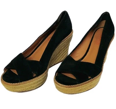 Michael Kors 3.5" Espadrille Wedge Heels BLACK Suede Peep Toe SZ 7.5 M EXCELLENT - Image 1 of 4
