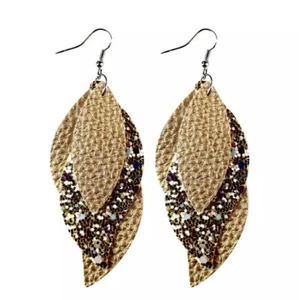 Gold Three Layered faux Leather Boho, Leaf Earrings - Bohemian - Picture 1 of 1