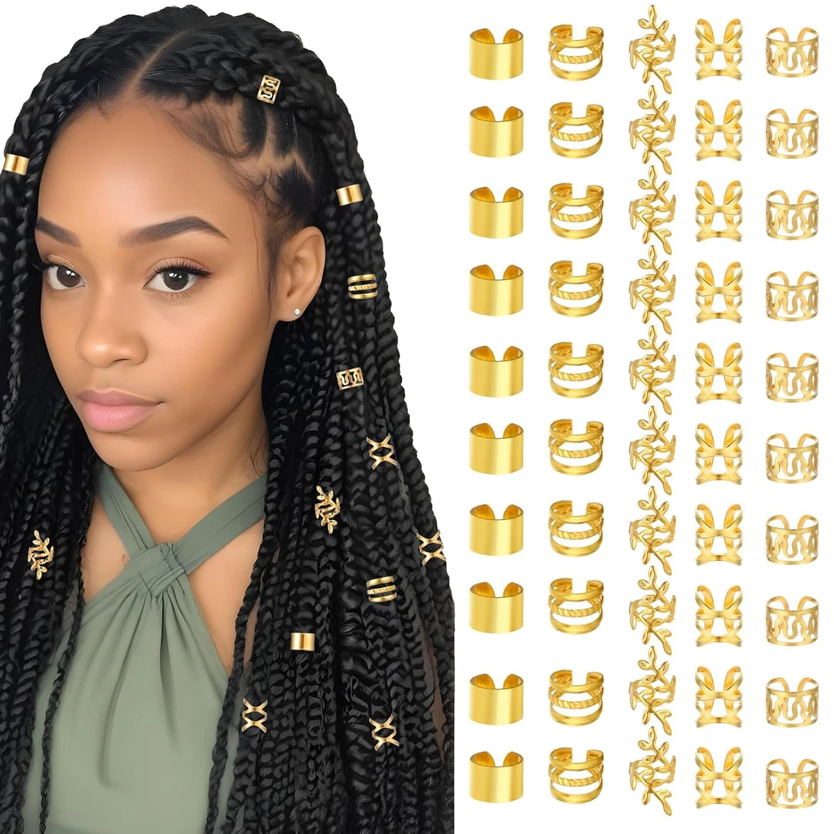 46-teiliges Dreadlocks Zubehör Set – Haarspiralen, Clips & Verstellbare Metall-Cuffs In Gold