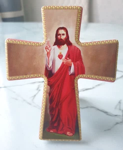 Catholic Christian Sacred Heart of Jesus Cross Free Standing Wall Plaque Gift - Picture 1 of 4