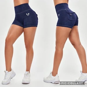 Firmabs High Waist Denim Blue Gym Athletic Workout Cargo Shorts Final Sale - Picture 1 of 8
