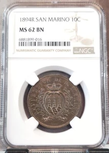 1894 SAN MARINO 10 CENTESIMI COAT OF ARMS NGC MS 62 BN MINT STATE BEAUTY - Picture 1 of 3