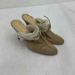 Anne Klein Brown Leather Faux Fur Trim Mule Heels 8.5 Women's Shoes