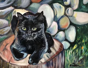 Schwarze Katze Original Ölgemälde MBollen Moderne Katze Natur Impressionismus - Bild 1 von 9