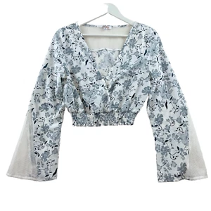 Blusa corta Mooloola para mujer talla 12 blanca floral manga larga mangas de malla - Imagen 1 de 10