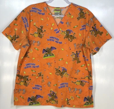 Halloween Scrub Top womens size M Medium Scooby-Doo Haunted House Party! orange - Image 1 of 4