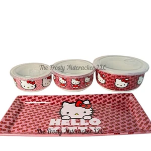 Hello Kitty Sanrio 4 Piece Ceramic Food Storage Bowls Tray Set Dots Bows Red H2 - Picture 1 of 6