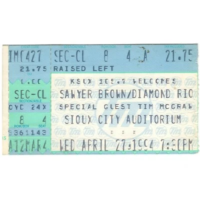 SAWYER коричневый бриллиант RIO TIM McGRAW концерт билет заглушка SIOUX CITY 4/27/94 редкая - Изображение 1 из 2