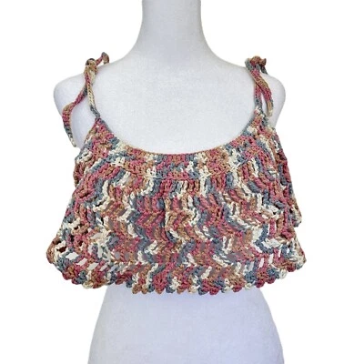 Bralette Crochet Crop Top Talla S Boho Hecho a Mano Algodón Multi Rosa Azul Foto 1 de 3