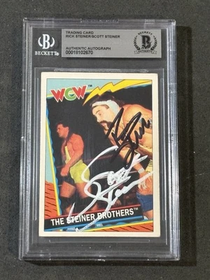 THE STEINER BROTHERS 1992 TOPPS UK WCW SIGNED AUTOGRAPHED CARD BAS AUTHENTIC - Image 1 of 2