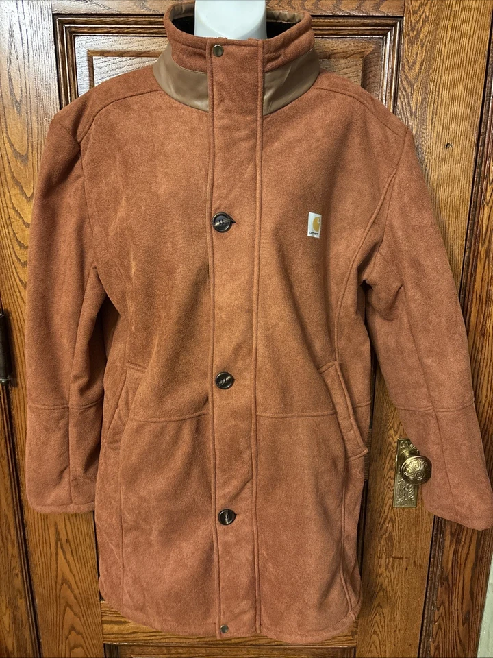 CARHARTT логотип ржавчины молнии/кнопки искусственной замши и искусственного меха подкладка длинное пальто, женщин XL - Изображение 1 из 4