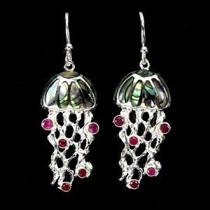 925 Sterling Silver Earrings Round Ruby Mop Jellyfish Gemstone Jewelry - Picture 1 of 14