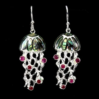 925 Sterling Silver Earrings Round Ruby Mop Jellyfish Gemstone Jewelry - Image 1 of 4
