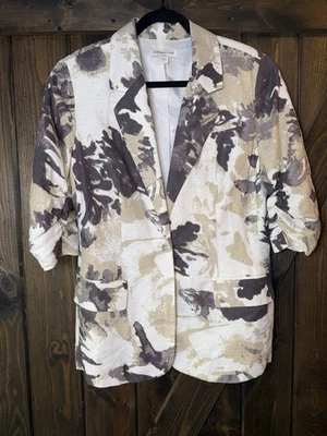 Coldwater Creek Linen Blend Artsy Abstract Watercolor Blazer Casual Chic Size 10 - Image 1 of 4