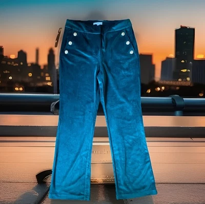 Pantalones marineros de terciopelo verde azulado Maison d’Amelie Paris EE. UU. 8 Reino Unido 12 cintura alta botón dorado Foto 1 de 4