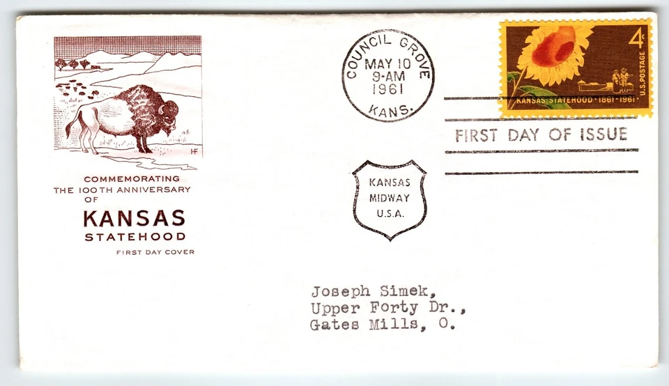 Scott #1192 1961 Kansas Statehood 4c Sunflower First Day Cover FDC Buffalo - Image 1 of 2