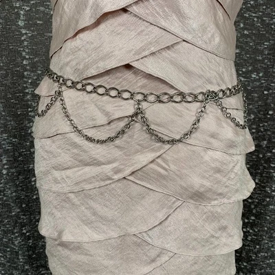 Women Belt Silver Metal Chain Links Side Wave Strands Simple Closure - Image 1 of 4
