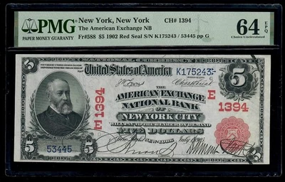 $5 1902 Red Seal National Bank New York, NY Ch.1394 PMG64 EPQ Foto 1 de 3