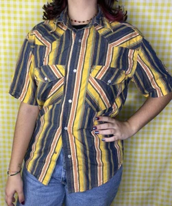Kaijas Shirt VTG Style Western Stripe Bright Gray/Yellow Youth XL / Women Small  - Picture 1 of 5