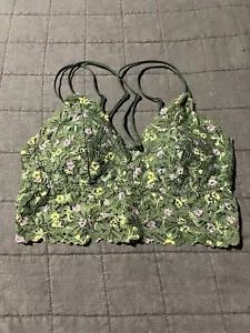 Victoria Secret Pink Bralette S Green Floral Stretch Smocked Stripy NWOT New VS - Picture 1 of 4